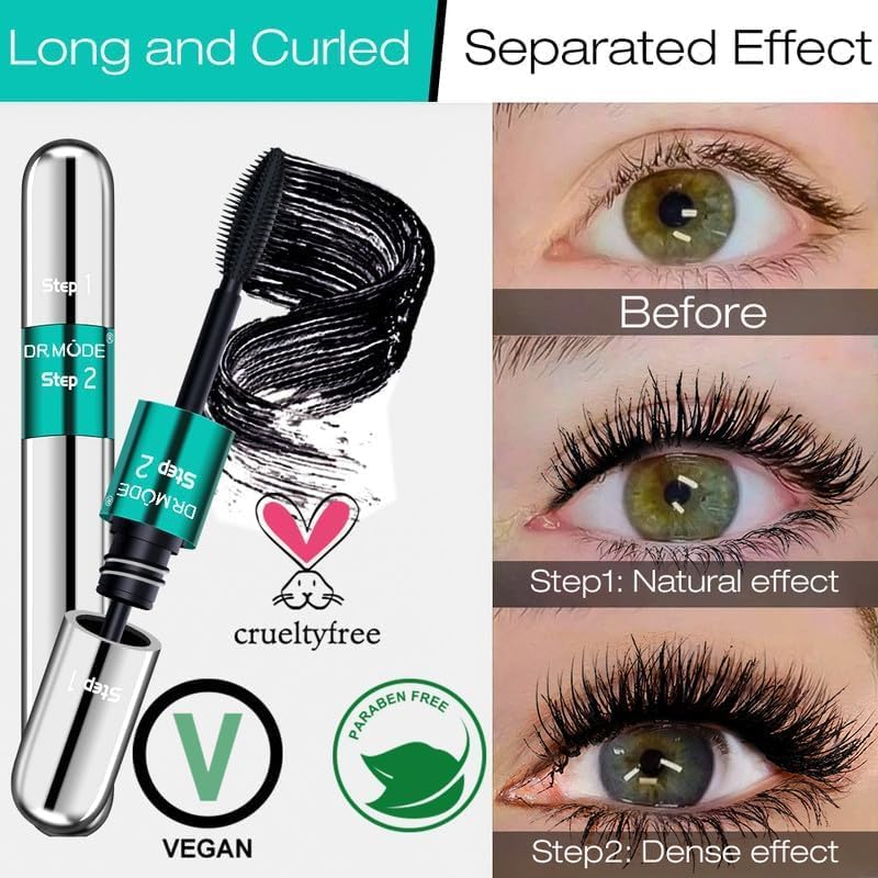 DRMODE before and after lashes demonstrating dramatic length and fuller lash benefit