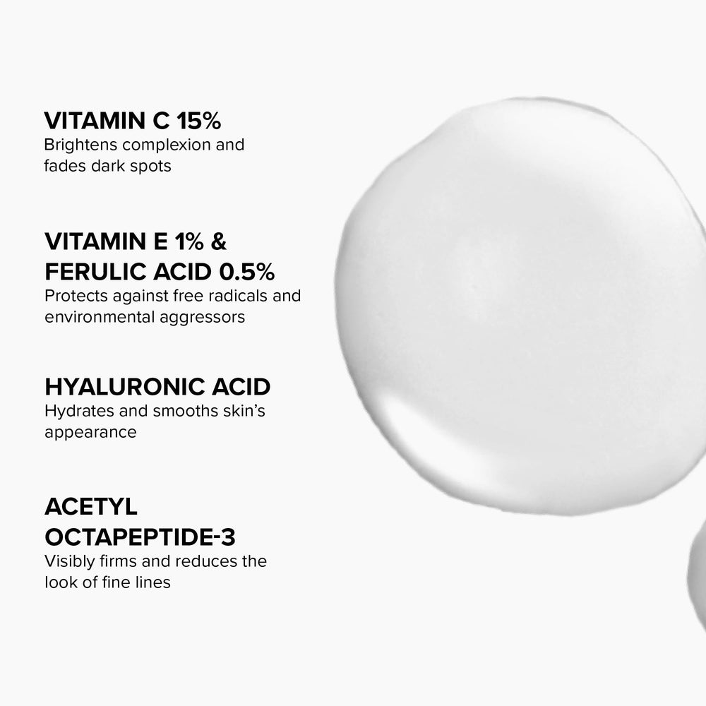 DRMTLGY ingredient label highlighting 15% vitamin C, vitamin E, ferulic acid for potency