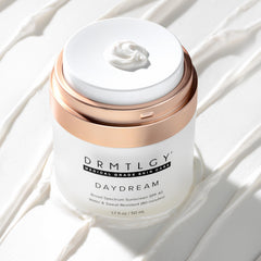 DRMTLGY on vanity with makeup tools illustrating makeup-friendly base