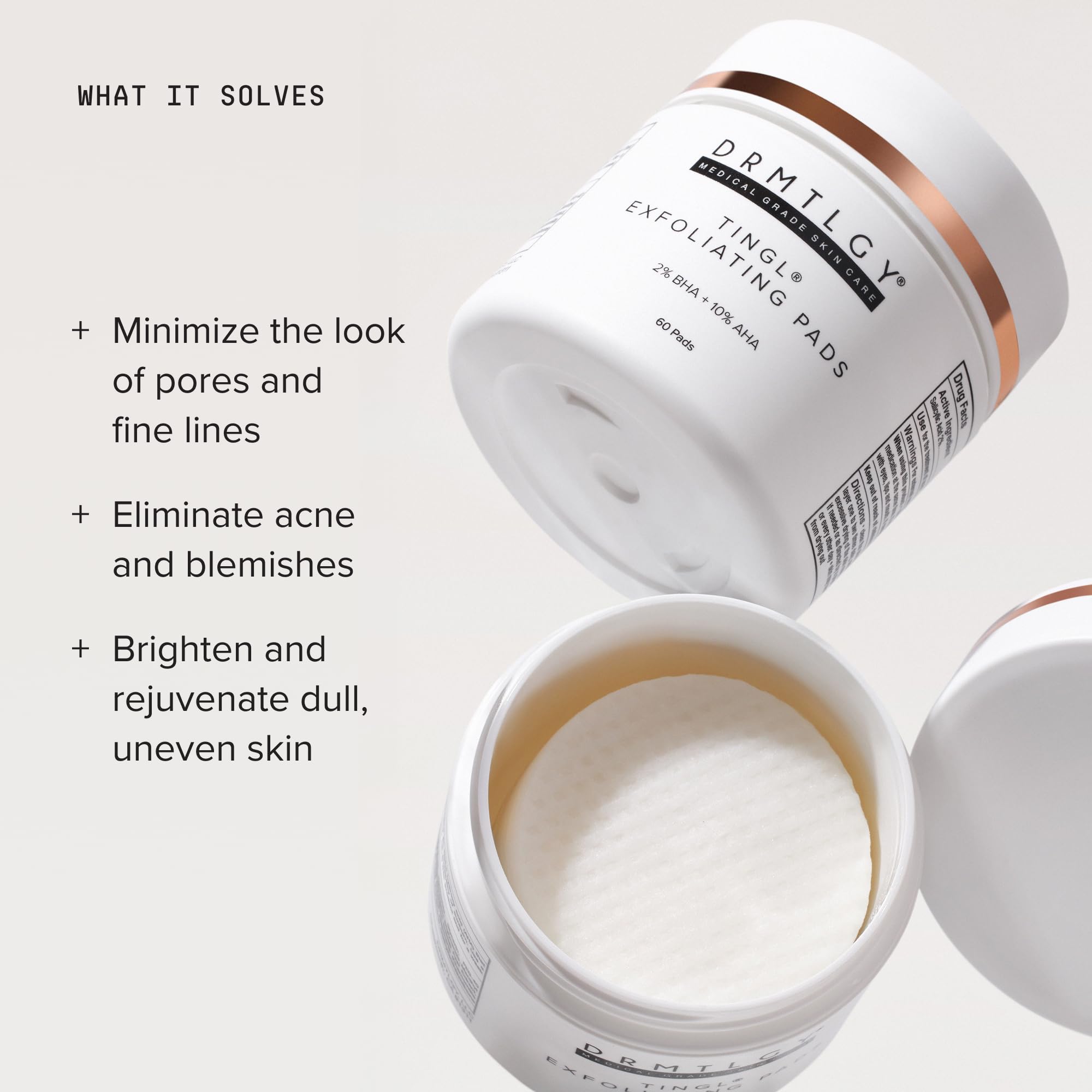DRMTLGY tingl ingredients label showing AHA BHA blend and botanicals