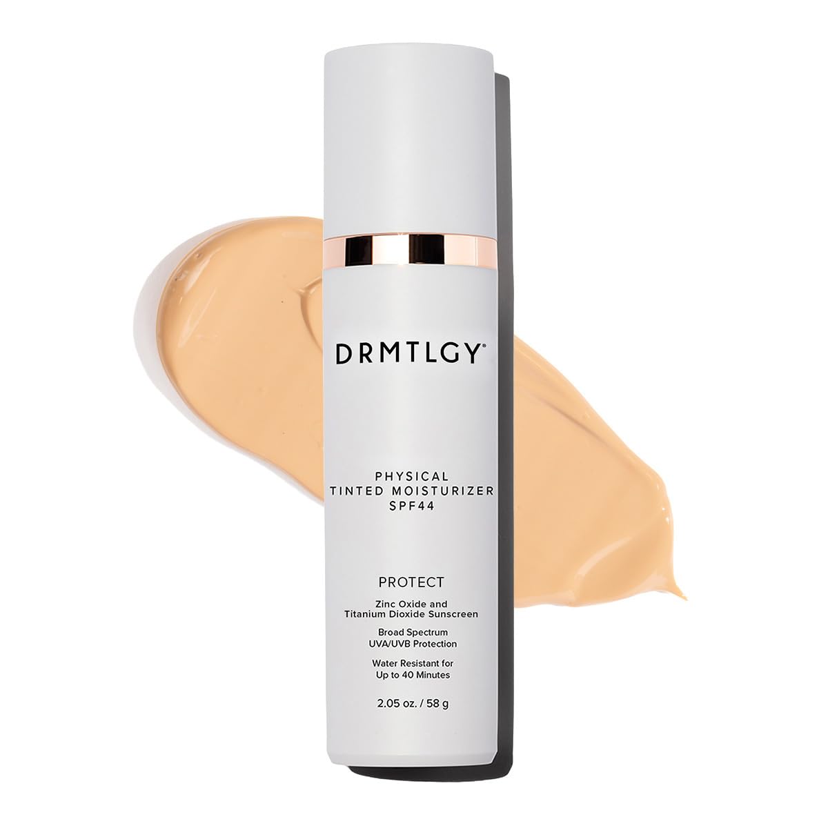 DRMTLGY front tube showing SPF 44 and universal tint benefits