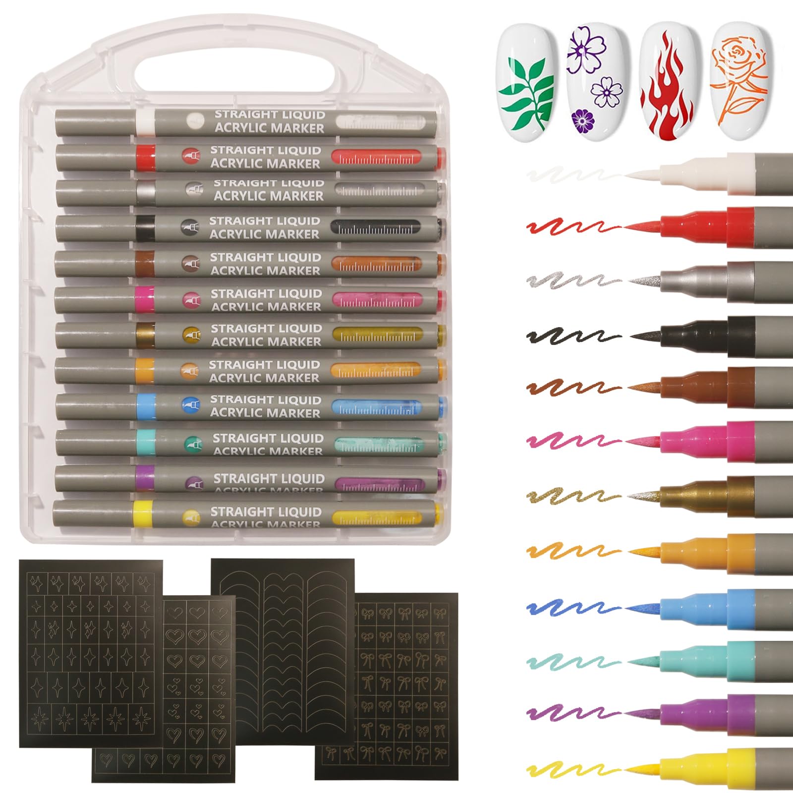 Dr.nail front packaging showing 12 color pens and four templates, clear kit overview benefit