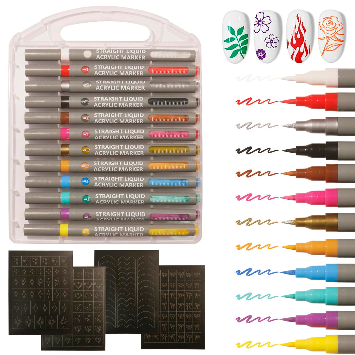 Dr.nail front packaging showing 12 color pens and four templates, clear kit overview benefit