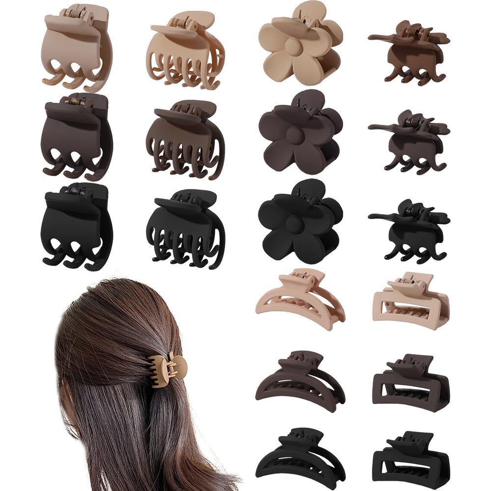 Drnytunk front view of 18 small clips showing shapes and neutral colors, convenient set