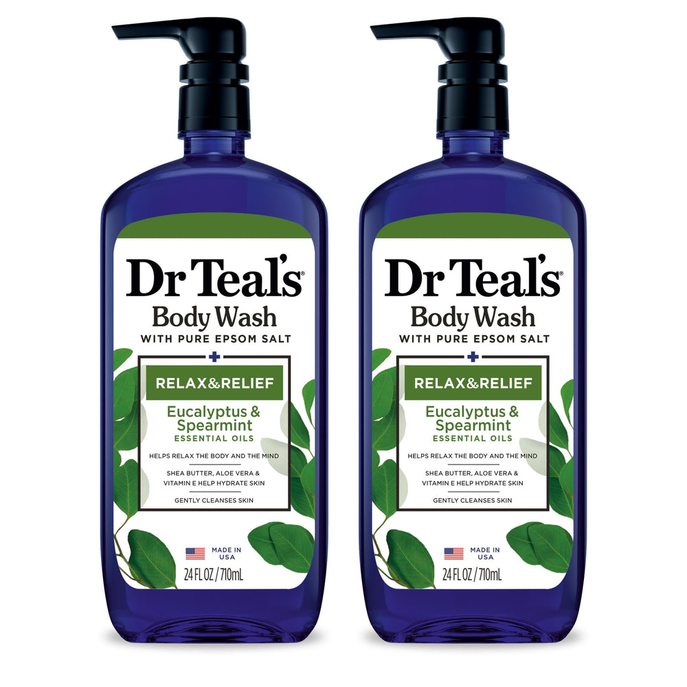 Dr Teal's front packaging showing two 24 fl oz bottles and calming label benefit