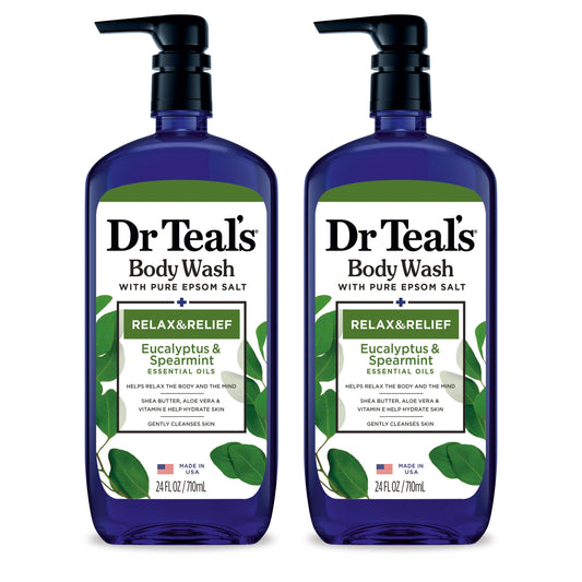 Dr Teal's front packaging showing two 24 fl oz bottles and calming label benefit