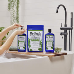 Dr Teal's body wash in shower use offering a refreshing eucalyptus-spearmint experience
