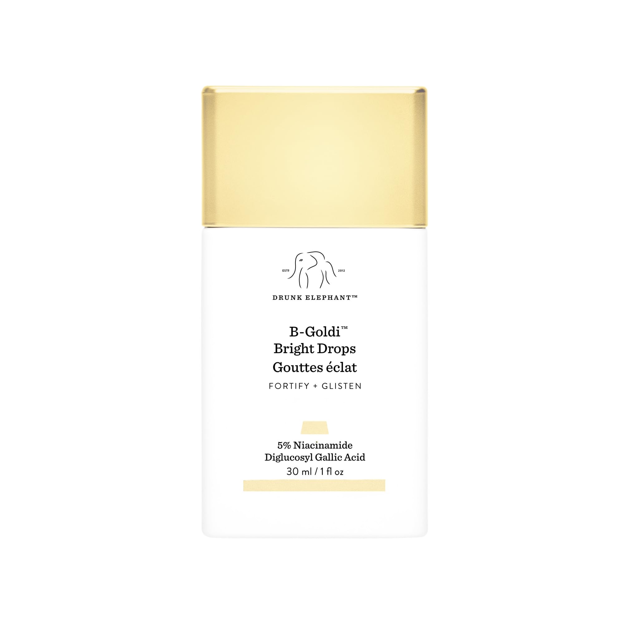 Drunk Elephant front bottle showing golden serum and clean design for easy identification and glow