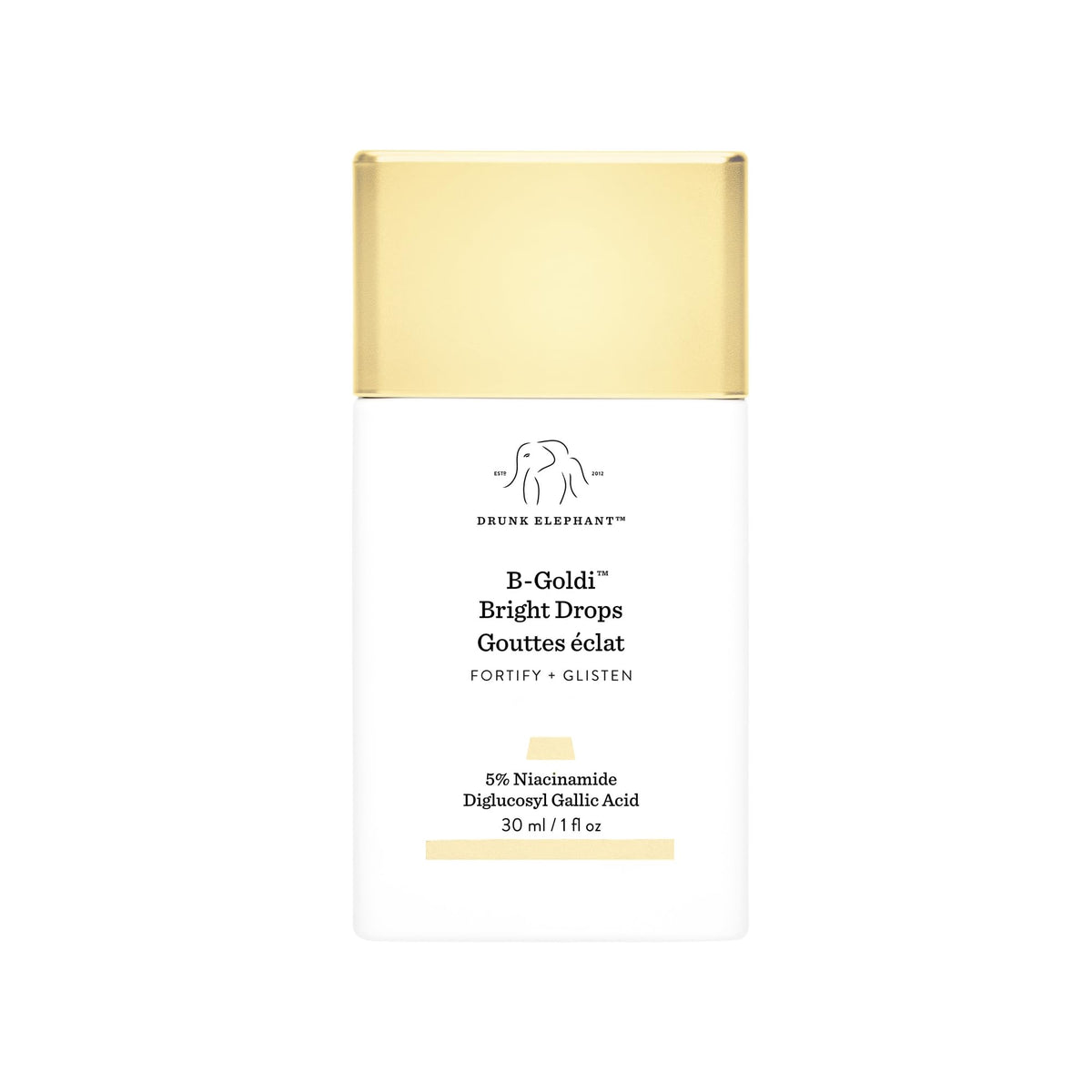 Drunk Elephant front bottle showing golden serum and clean design for easy identification and glow