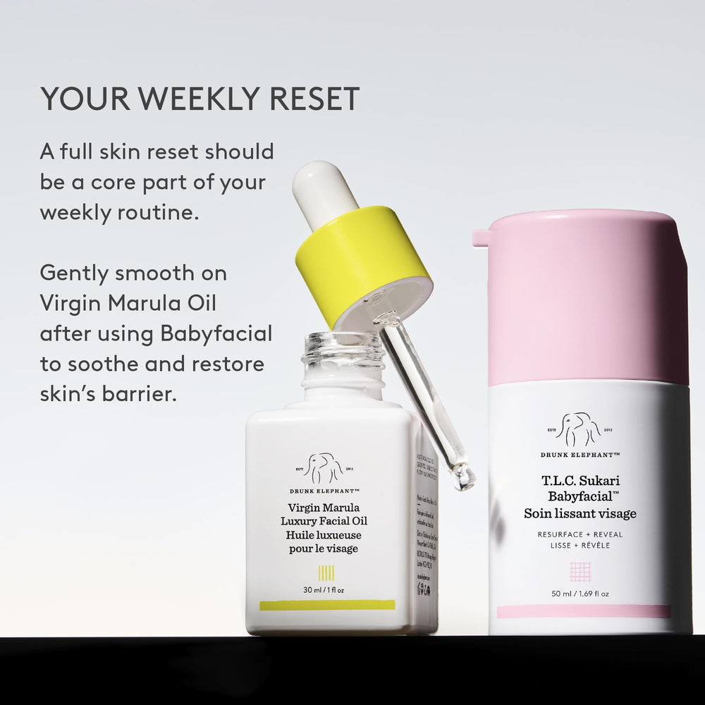 Drunk Elephant on bathroom shelf styled for lifestyle use and weekly facial ritual