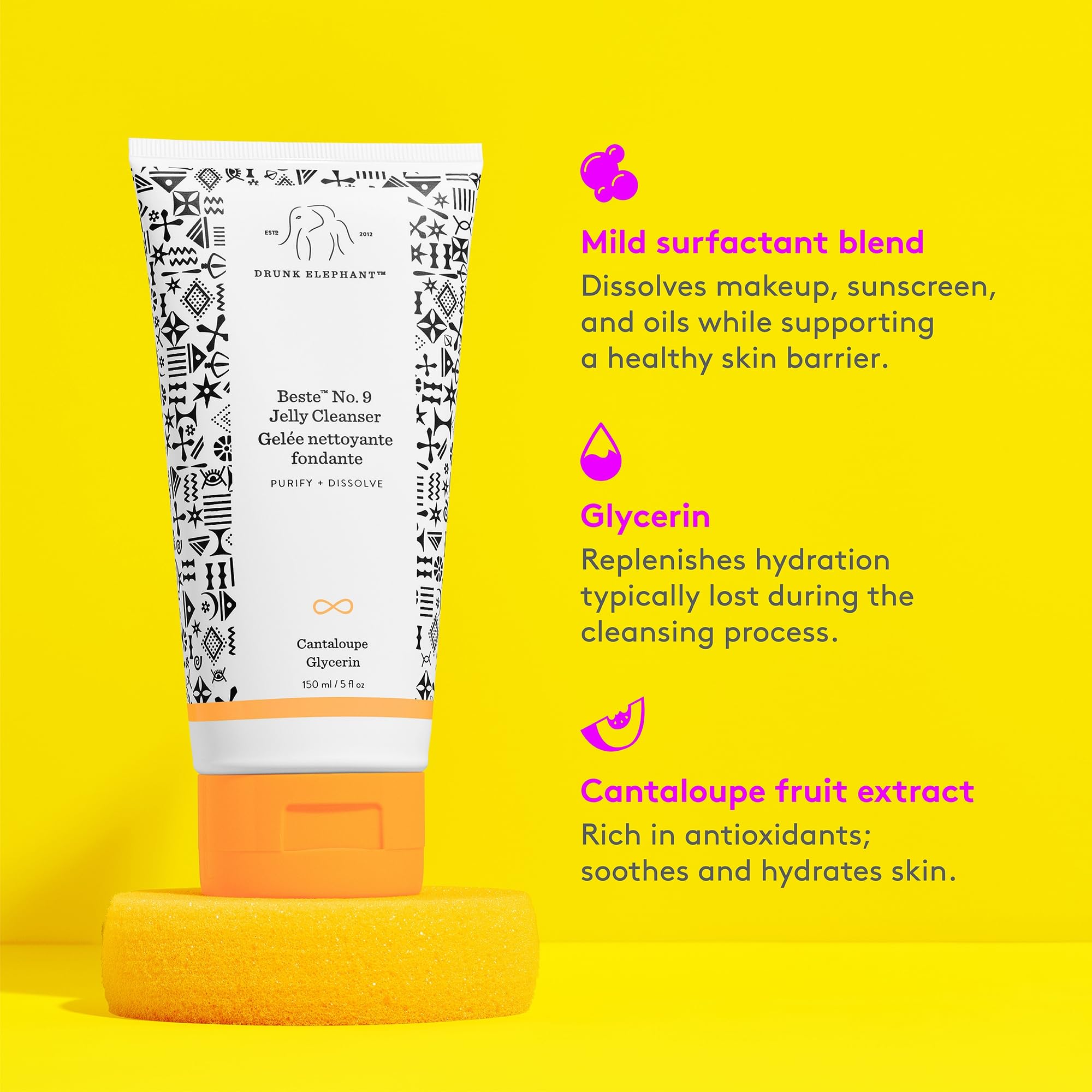 Drunk Elephant pump dispensing gel into palm demonstrating easy lather and quick rinse