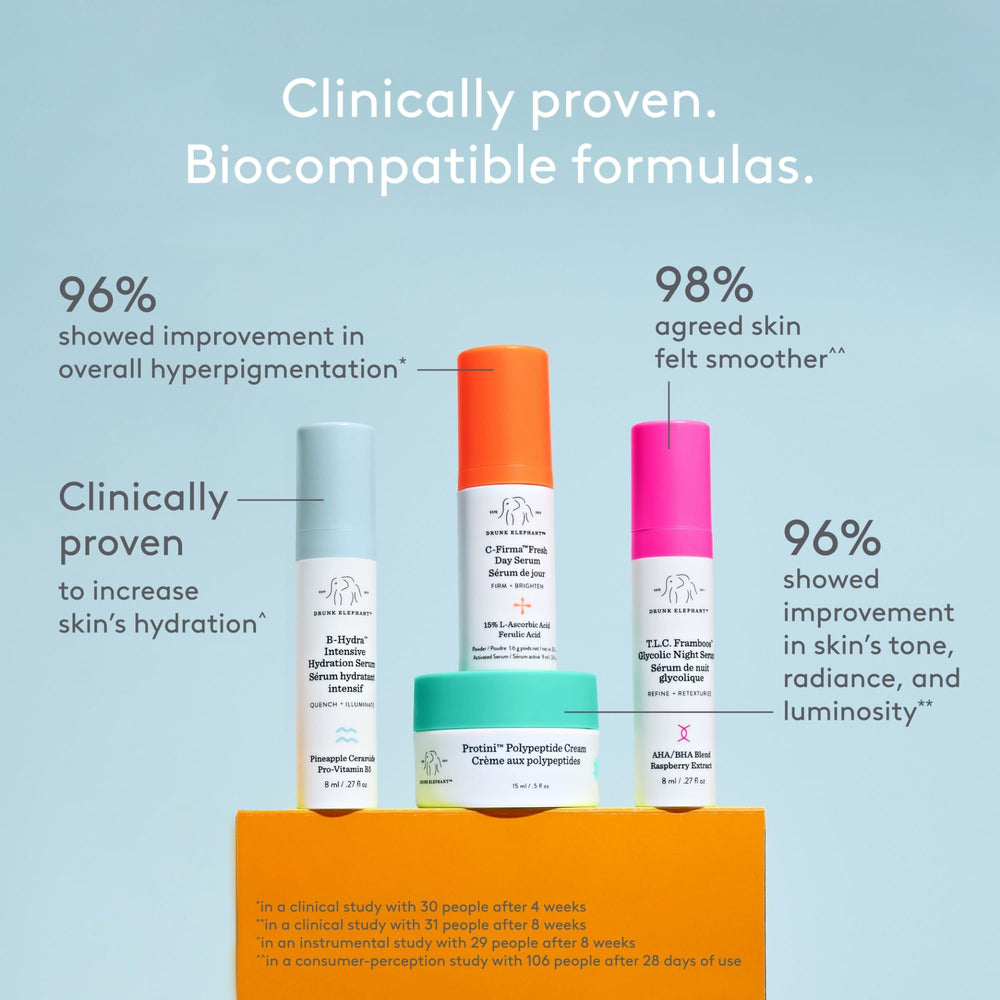 Drunk Elephant C-Firma serum dropper in hand demonstrating brightening antioxidant benefit