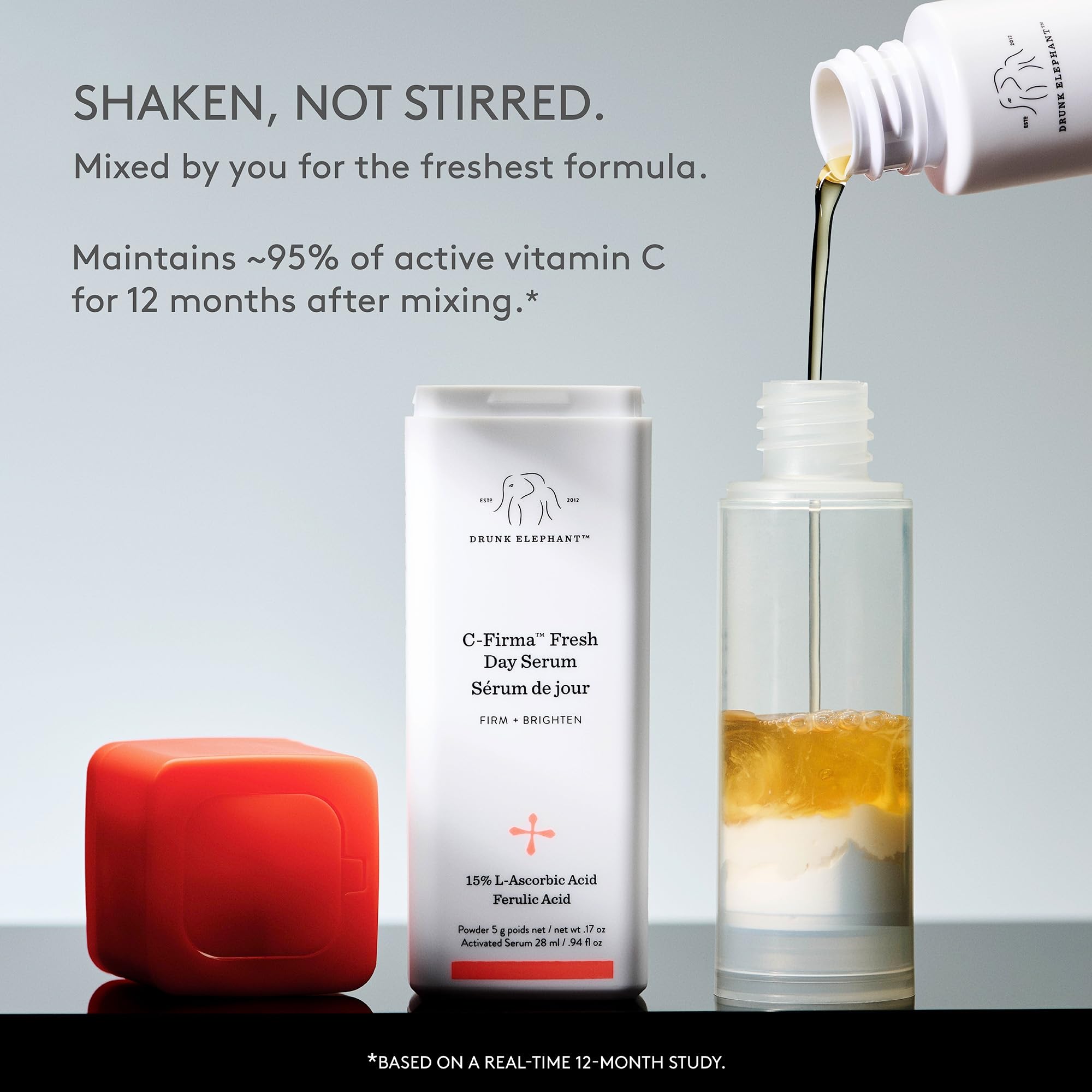 Drunk Elephant ingredient focus with vitamin C powder and liquid emphasizing brightening
