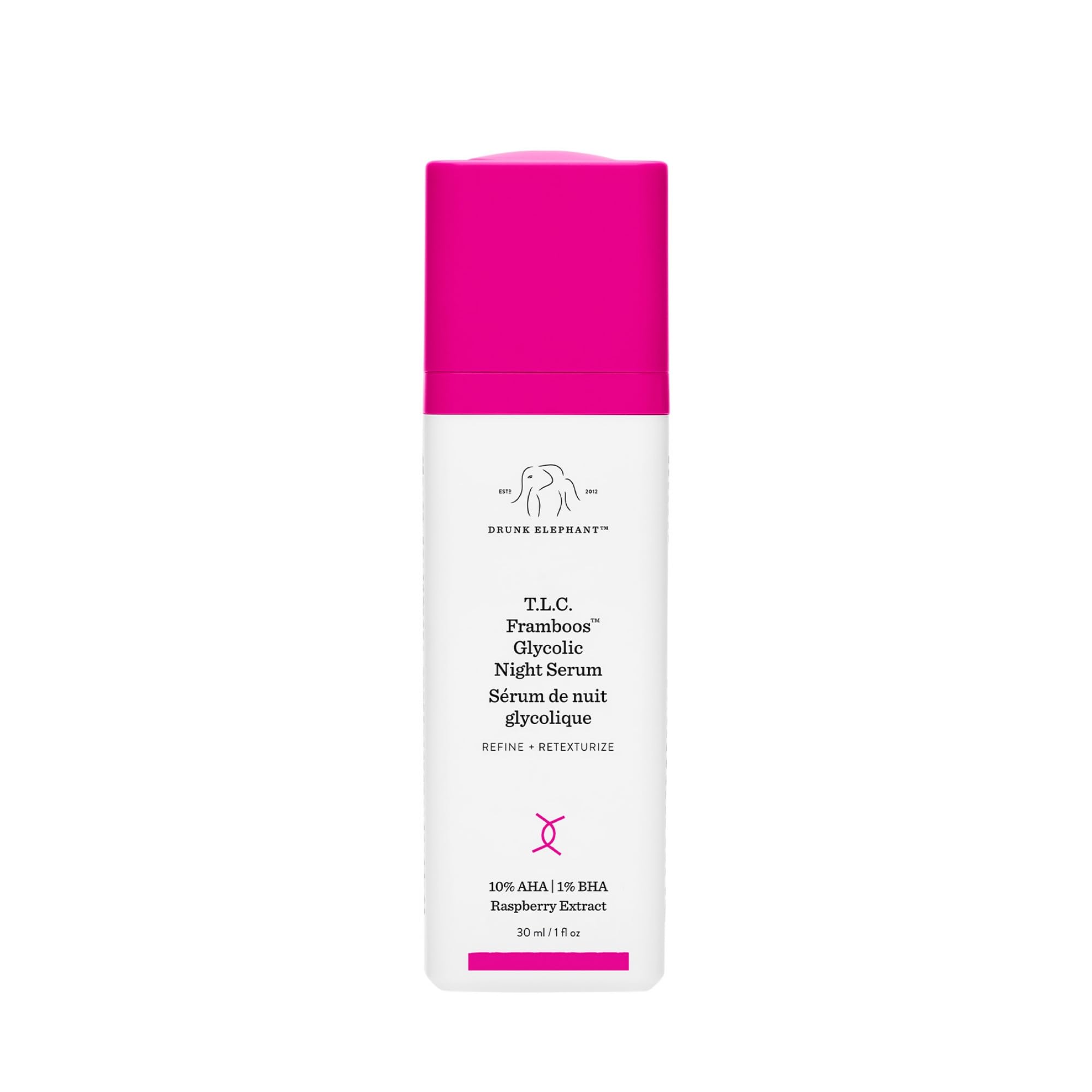 Drunk Elephant front packaging showing bottle and box, highlights clean clinical design
