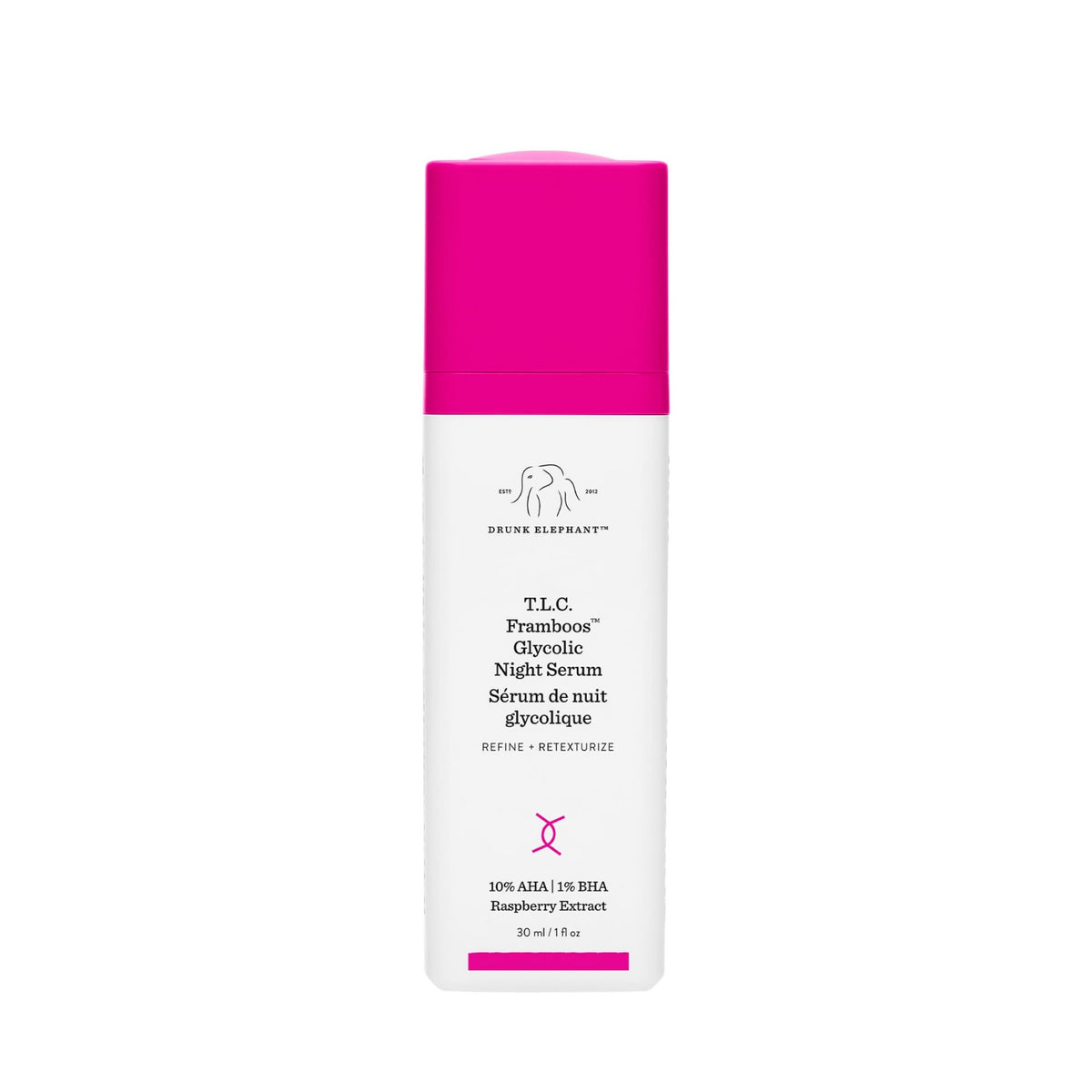 Drunk Elephant front packaging showing bottle and box, highlights clean clinical design