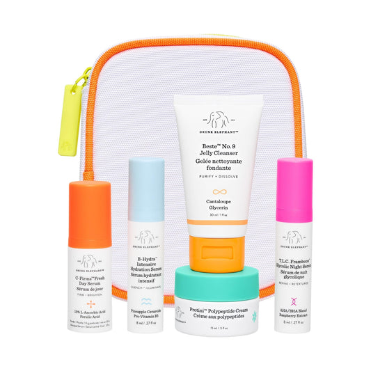 Drunk Elephant The Littles kit front packaging showing all five travel-size essentials for convenience
