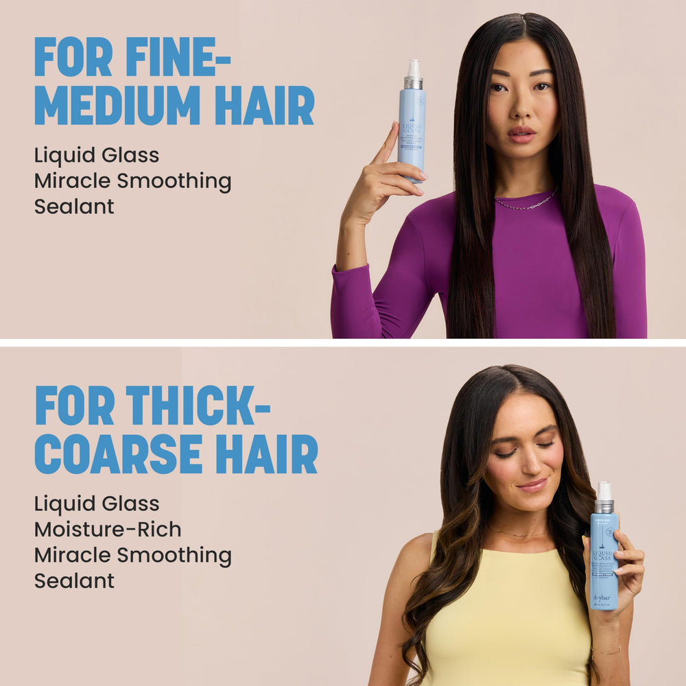 Drybar before-and-after hair split showing smoother, high-shine result benefit