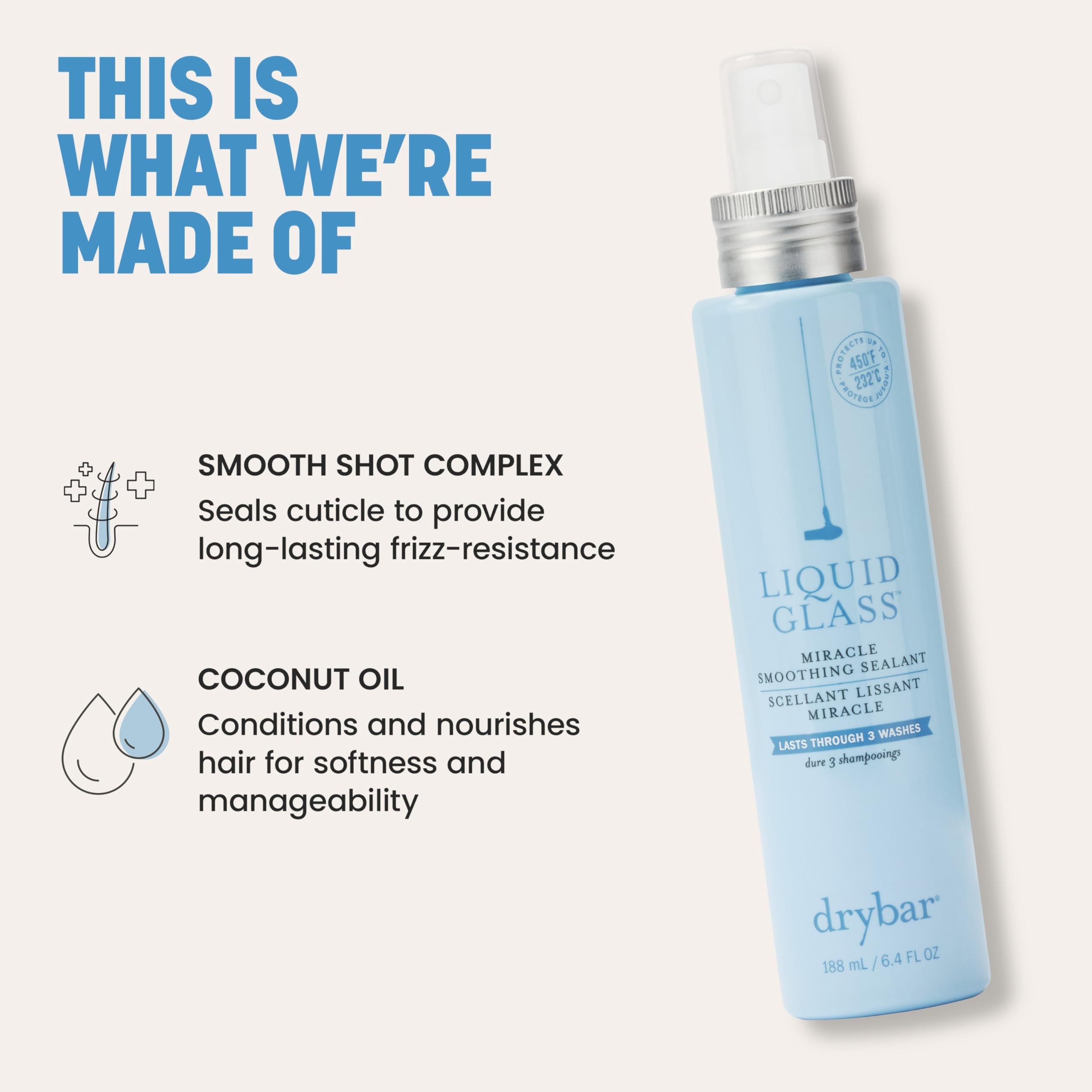 Drybar texture droplet on fingertip showing lightweight smoothing benefit