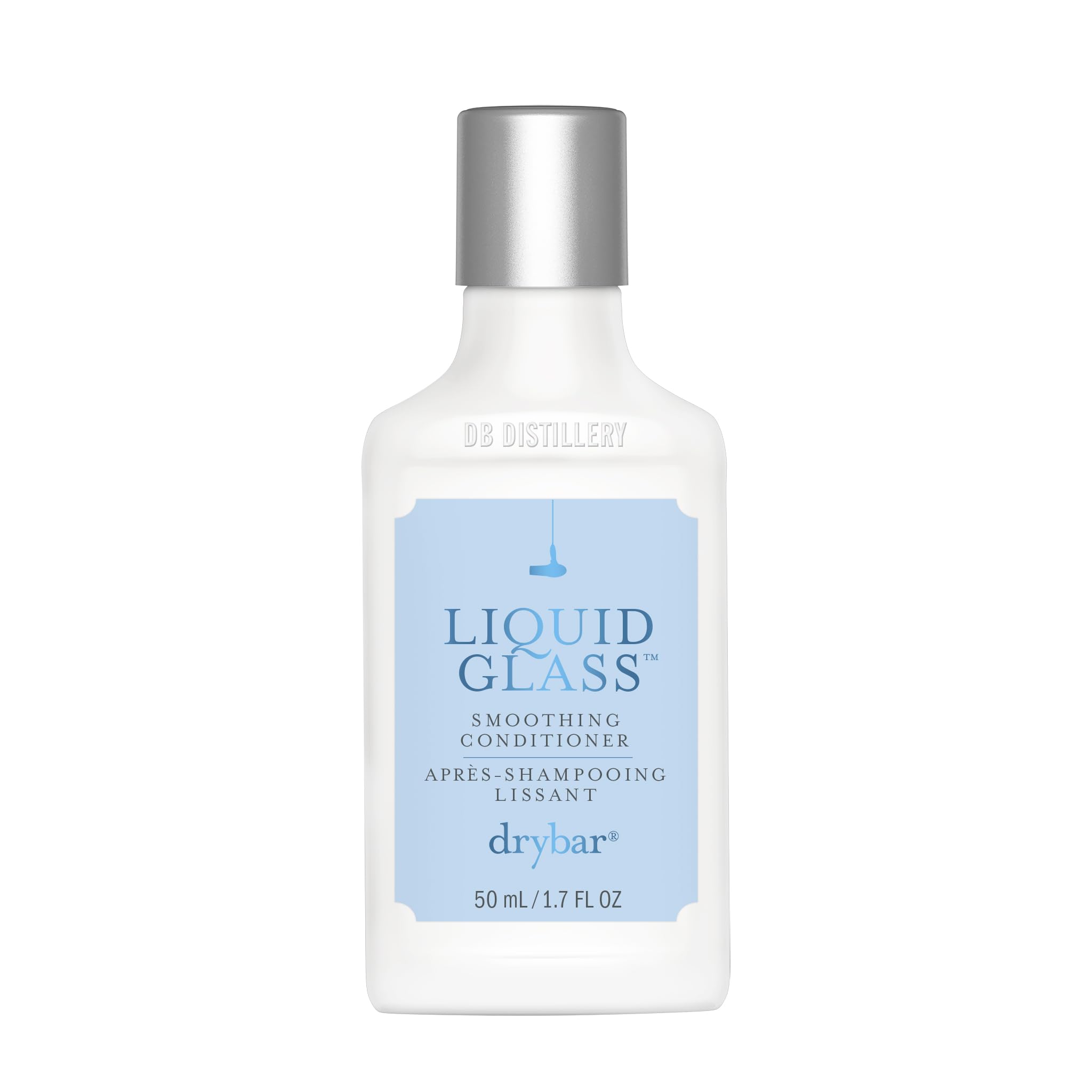 Drybar travel bottle front view showing branding and compact design benefit