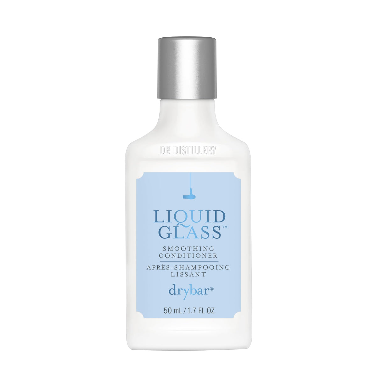 Drybar travel bottle front view showing branding and compact design benefit