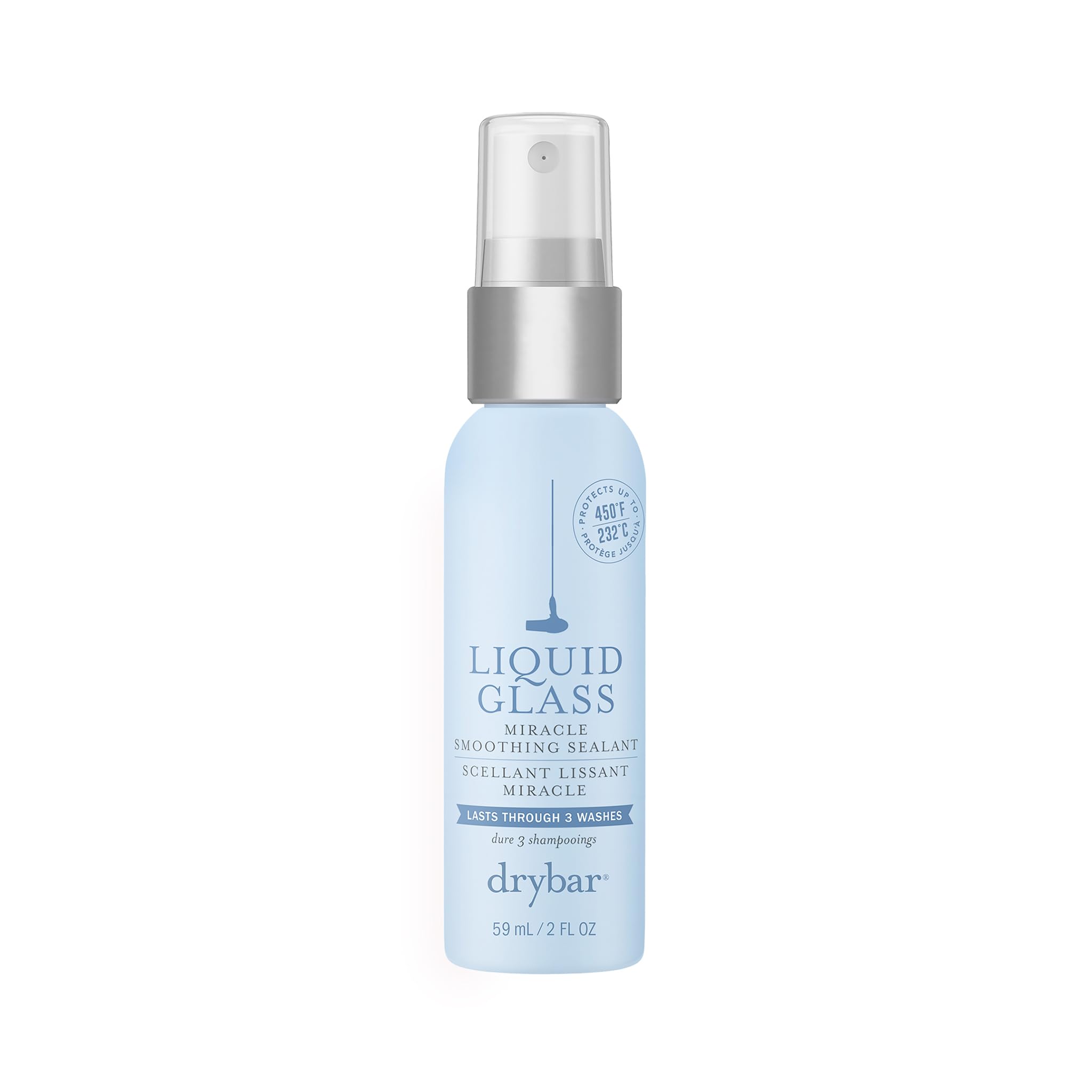 Drybar travel bottle front view showing product and glossy finish benefit