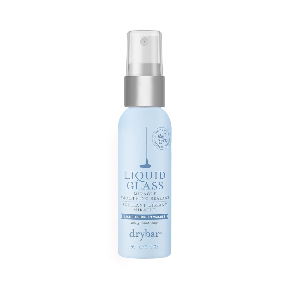 Drybar travel bottle front view showing product and glossy finish benefit