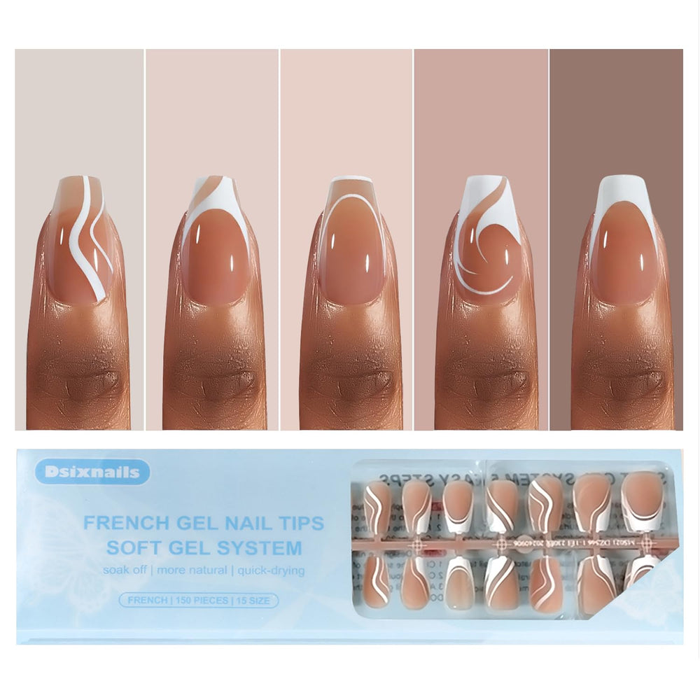 Dsixnails front packaging showing 150-piece French short coffin set and contents