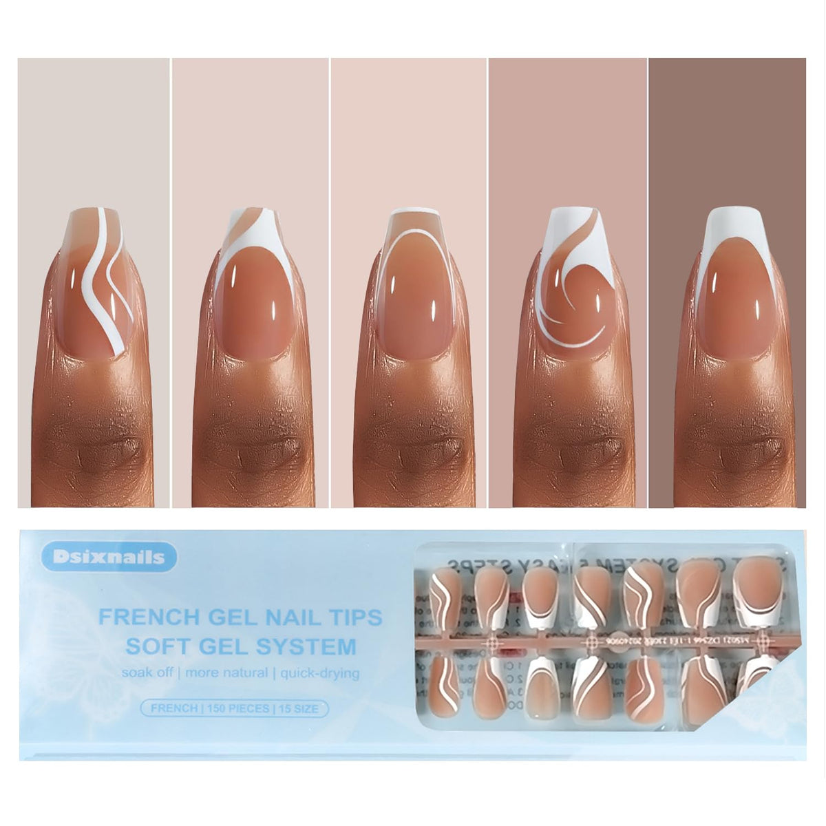 Dsixnails front packaging showing 150-piece French short coffin set and contents