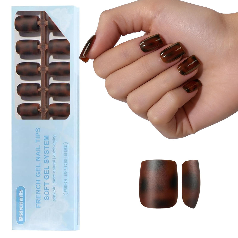 Dsixnails front packaging showing tortoiseshell short square nails and kit contents for quick manicures