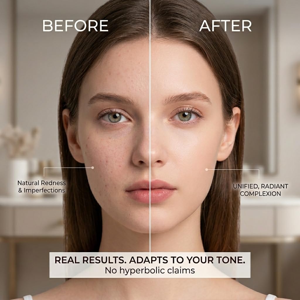 DTMIEAXN mature woman applying foundation in natural light showing flattering radiance benefit