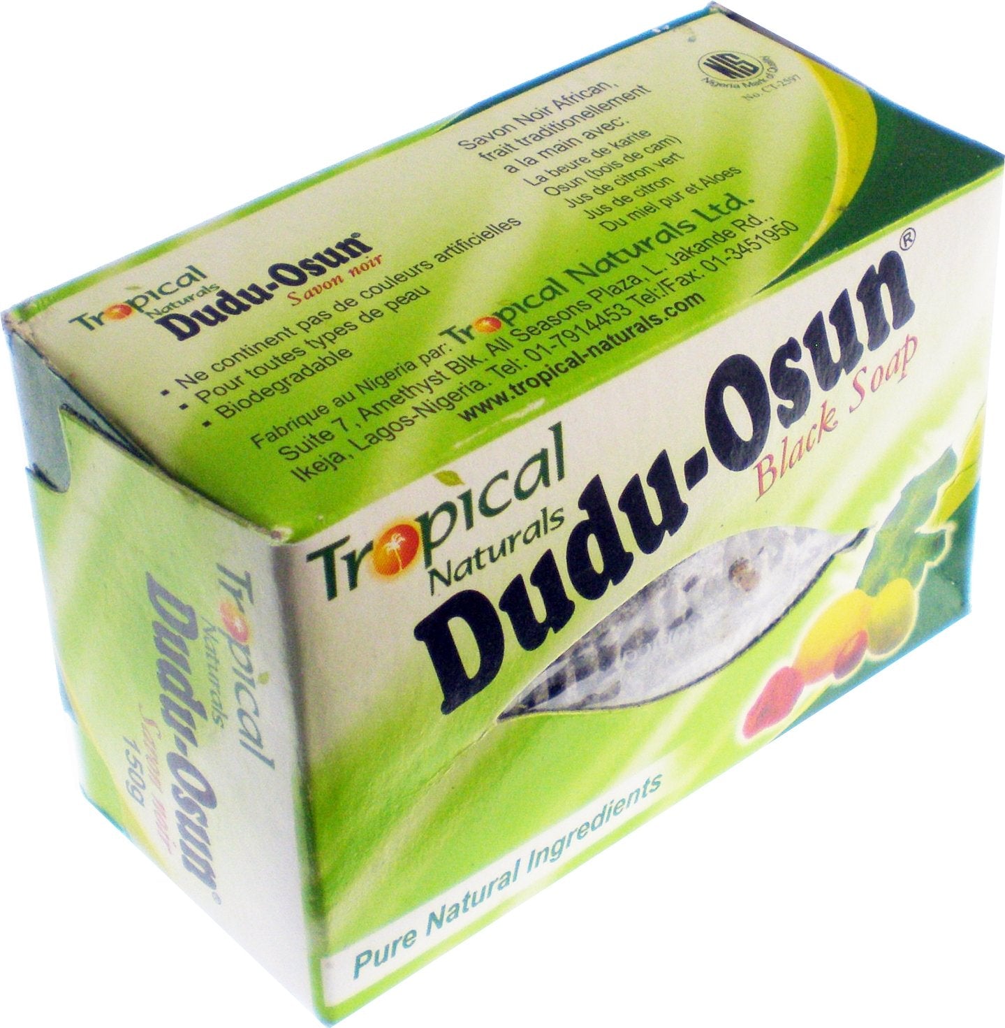 Dudu-Osun front packaging showing two 150g bars and natural ingredients for gentle cleansing
