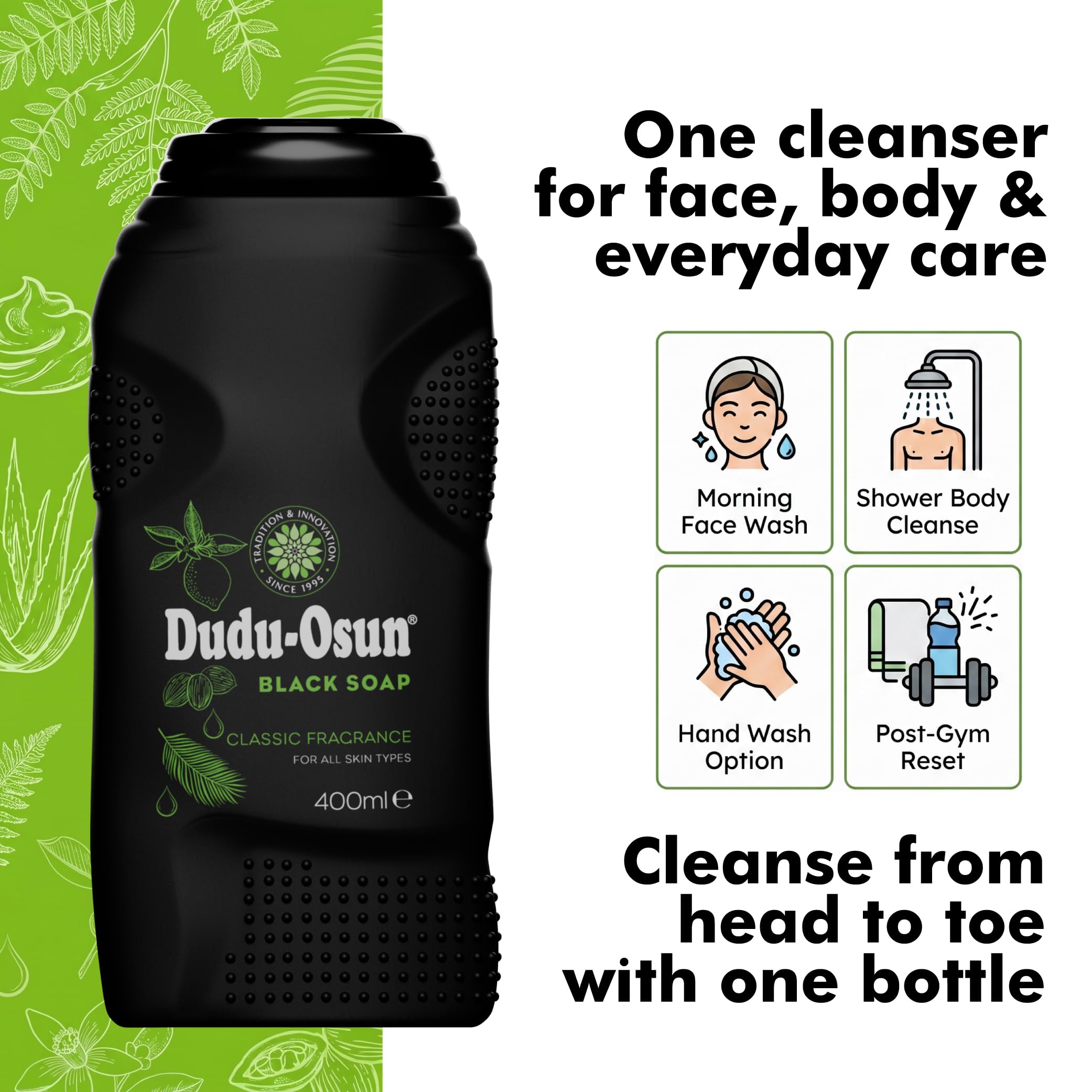 Dudu-Osun bottle on shower shelf illustrating convenient daily use