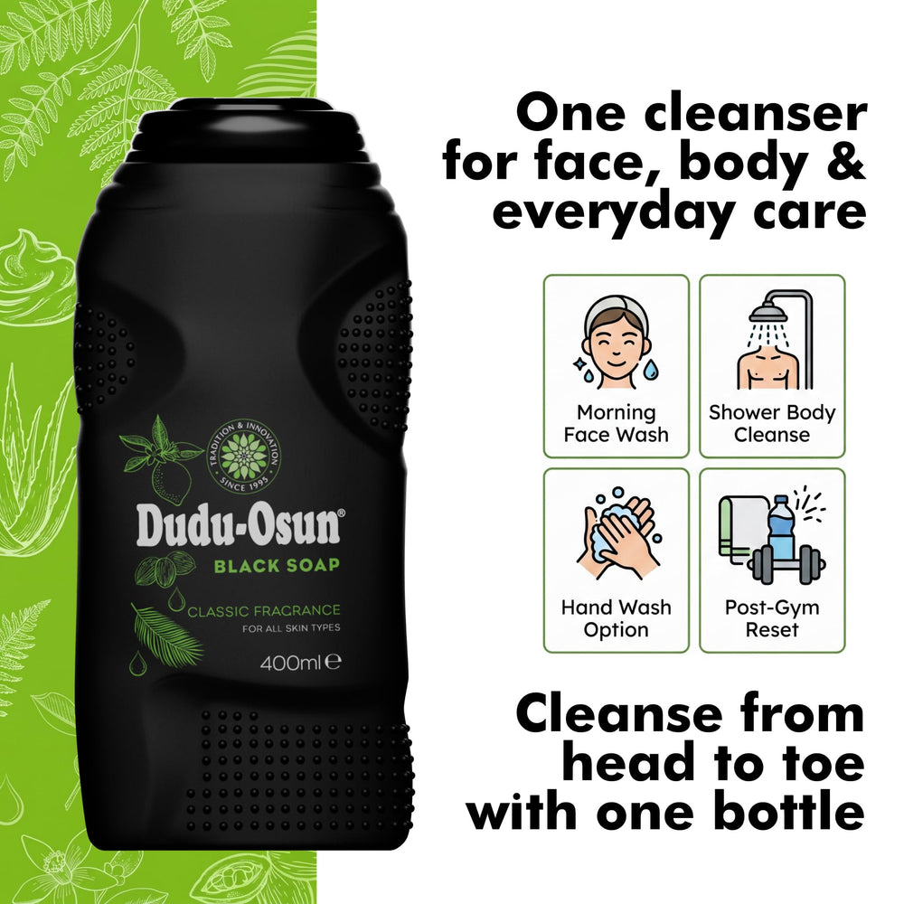 Dudu-Osun bottle on shower shelf illustrating convenient daily use