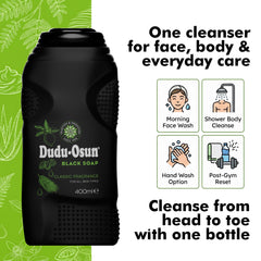Dudu-Osun bottle on shower shelf illustrating convenient daily use