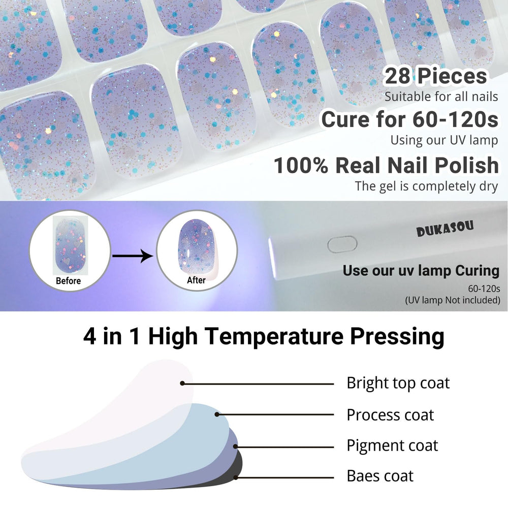 DUKASOU hand applying a gel nail strip under UV light demonstrating easy at-home manicure