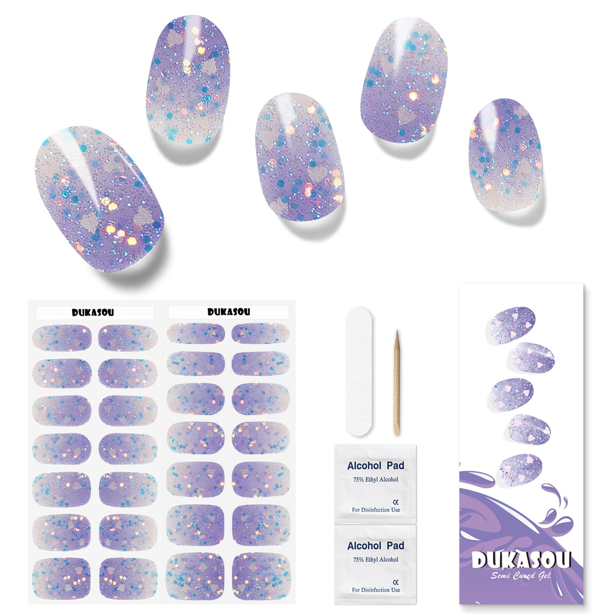 DUKASOU front packaging showing 28 gradient love gel nail strips and included tools benefits quick salon finish