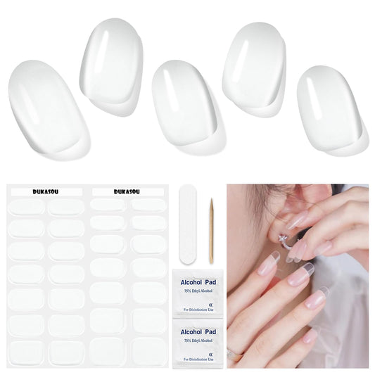 DUKASOU product box and 28 clear gel strips showing kit contents and easy use