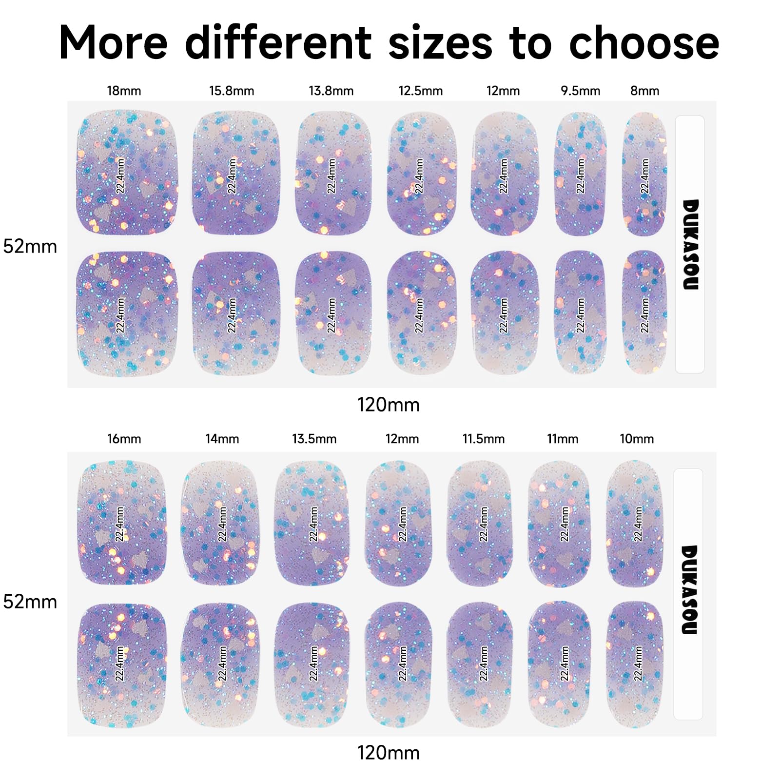 DUKASOU top-down view of sticker size assortment displaying 14 sizes for all nail shapes