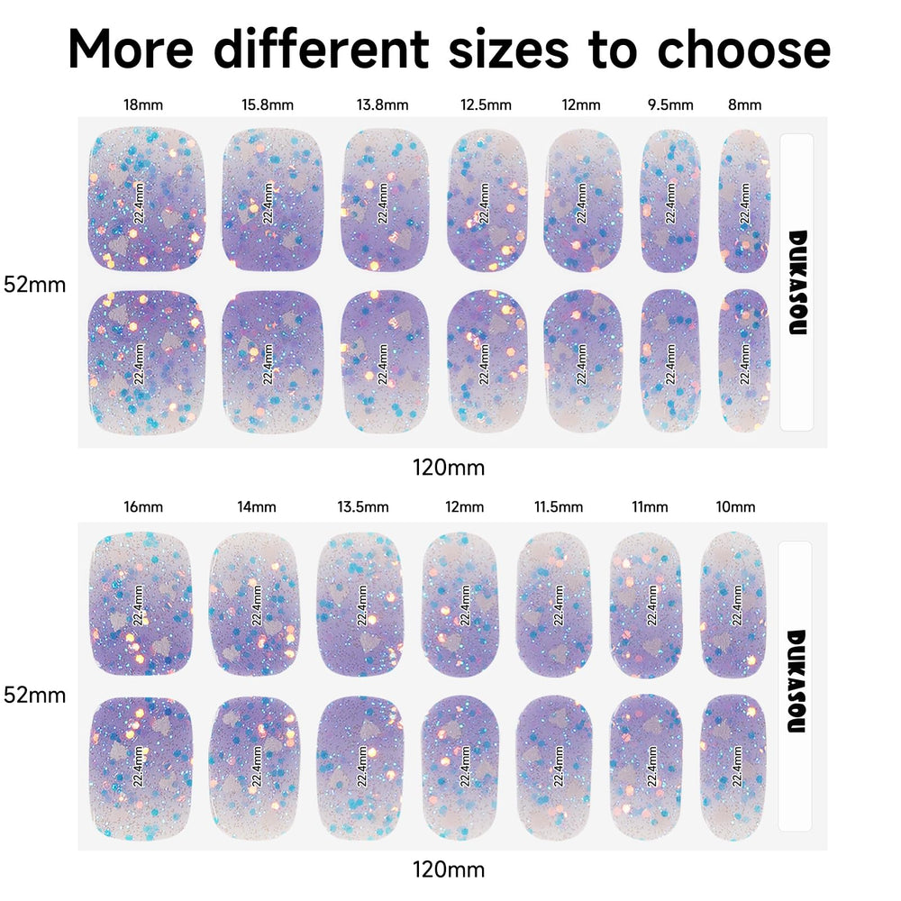 DUKASOU top-down view of sticker size assortment displaying 14 sizes for all nail shapes