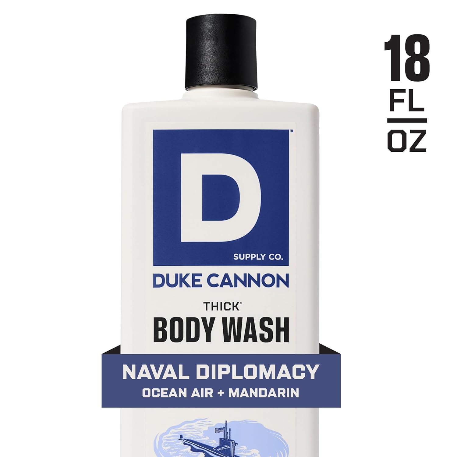Duke Cannon 18 oz size comparison next to hand to show bottle scale
