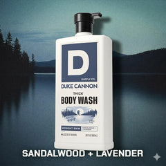 30 fl oz Duke Cannon bottle next to hand for scale highlighting long-lasting supply