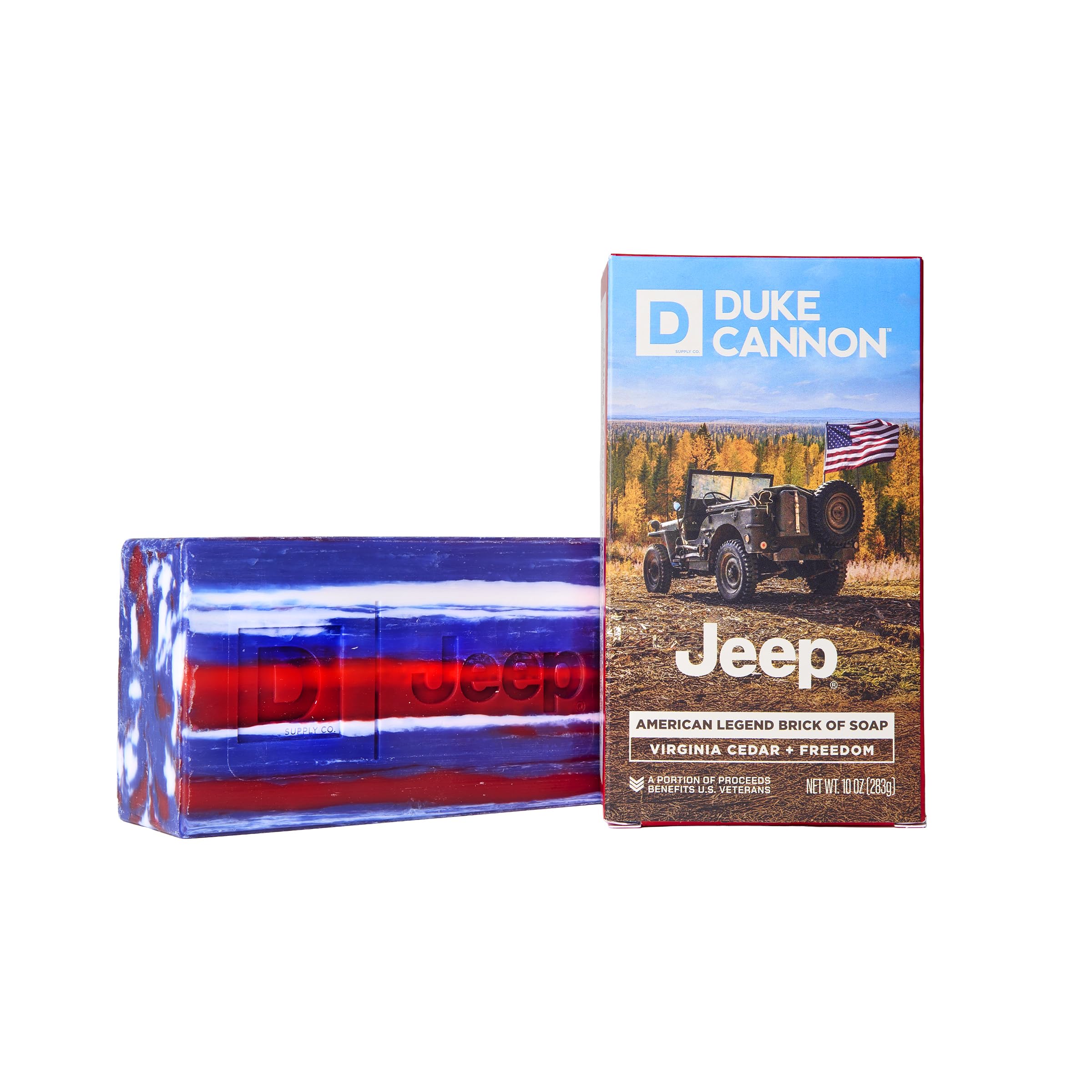 Duke Cannon American Legend front packaging showing rugged label and large 10 oz bar, durable use