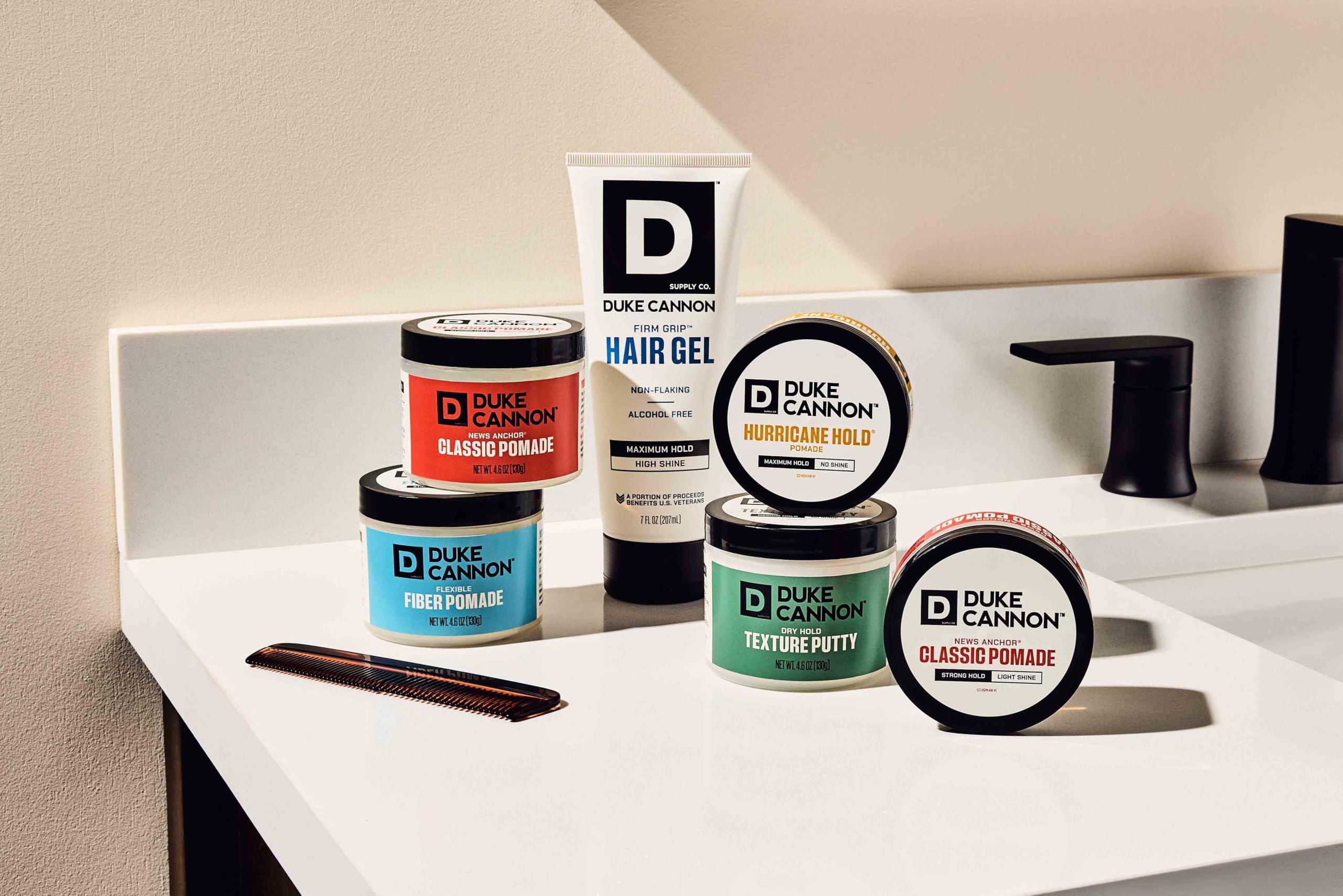 Duke Cannon gel applied on short hair demonstrating strong hold