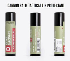 Duke Cannon being applied to lips showing mint flavor and soothing benefit