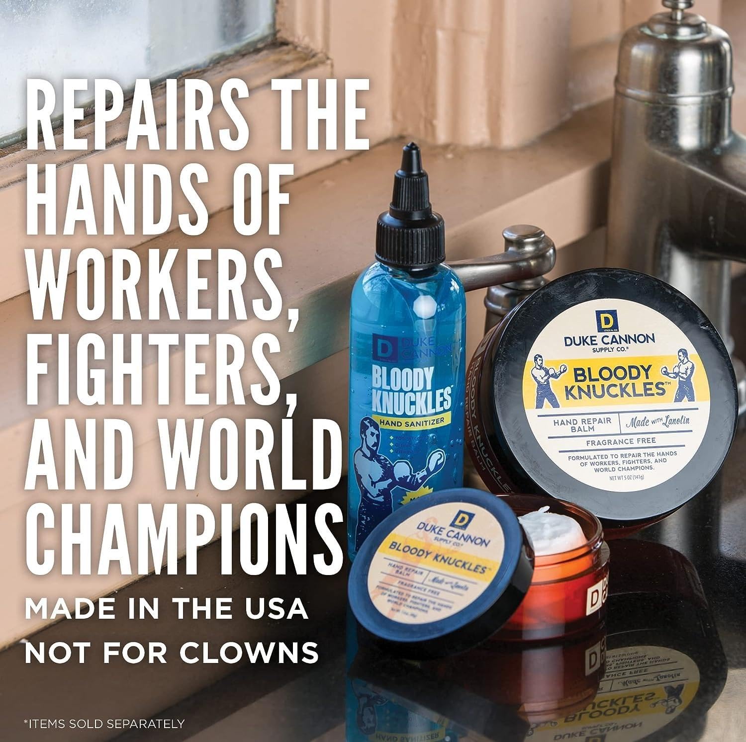 Duke Cannon applying balm to cracking knuckles for fast relief