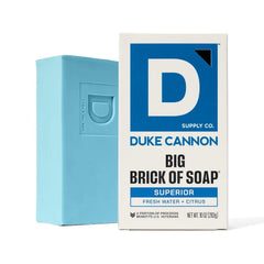 Duke Cannon bar resting on draining soap dish to prolong bar life.