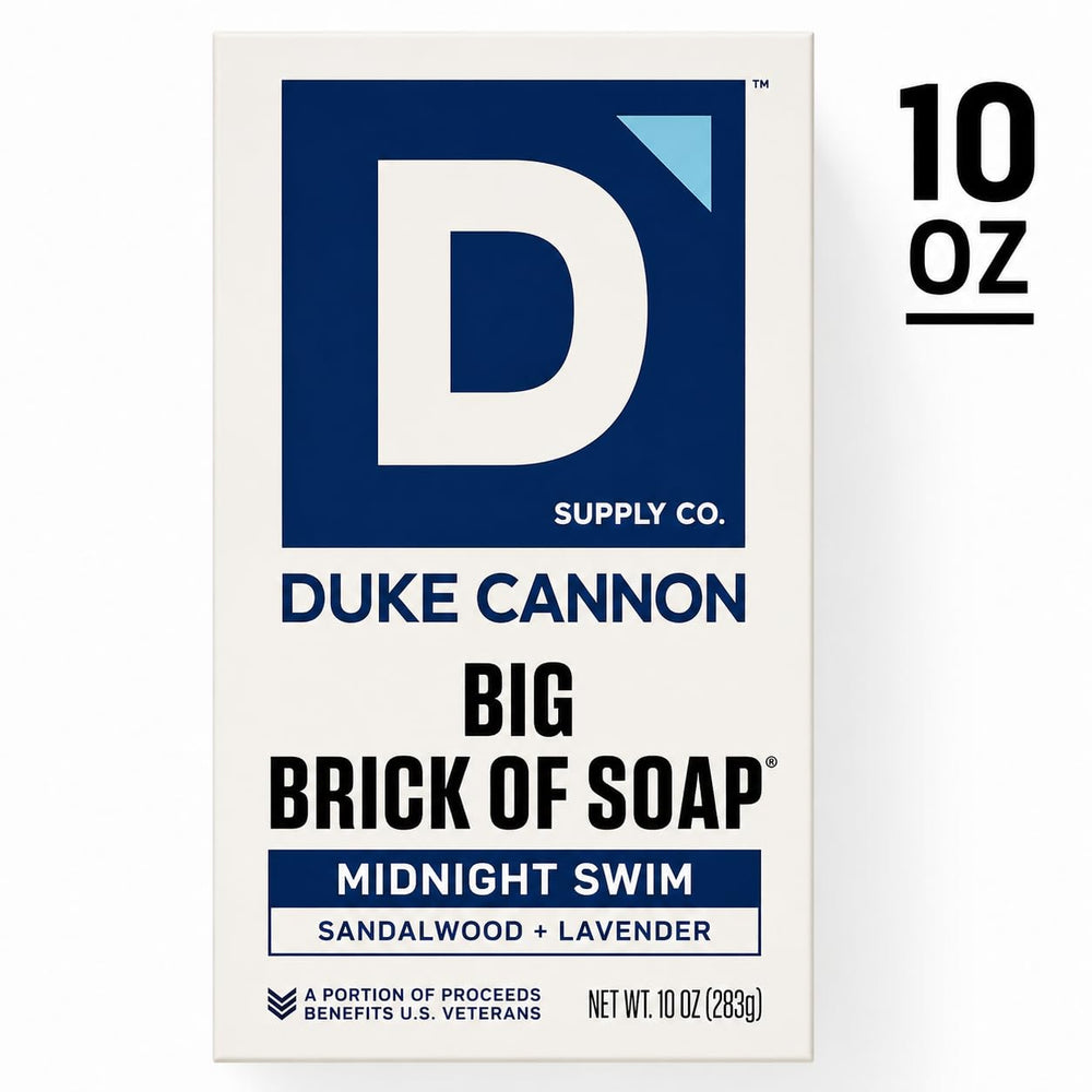 Duke Cannon bar next to a standard soap showing 10 oz large size advantage