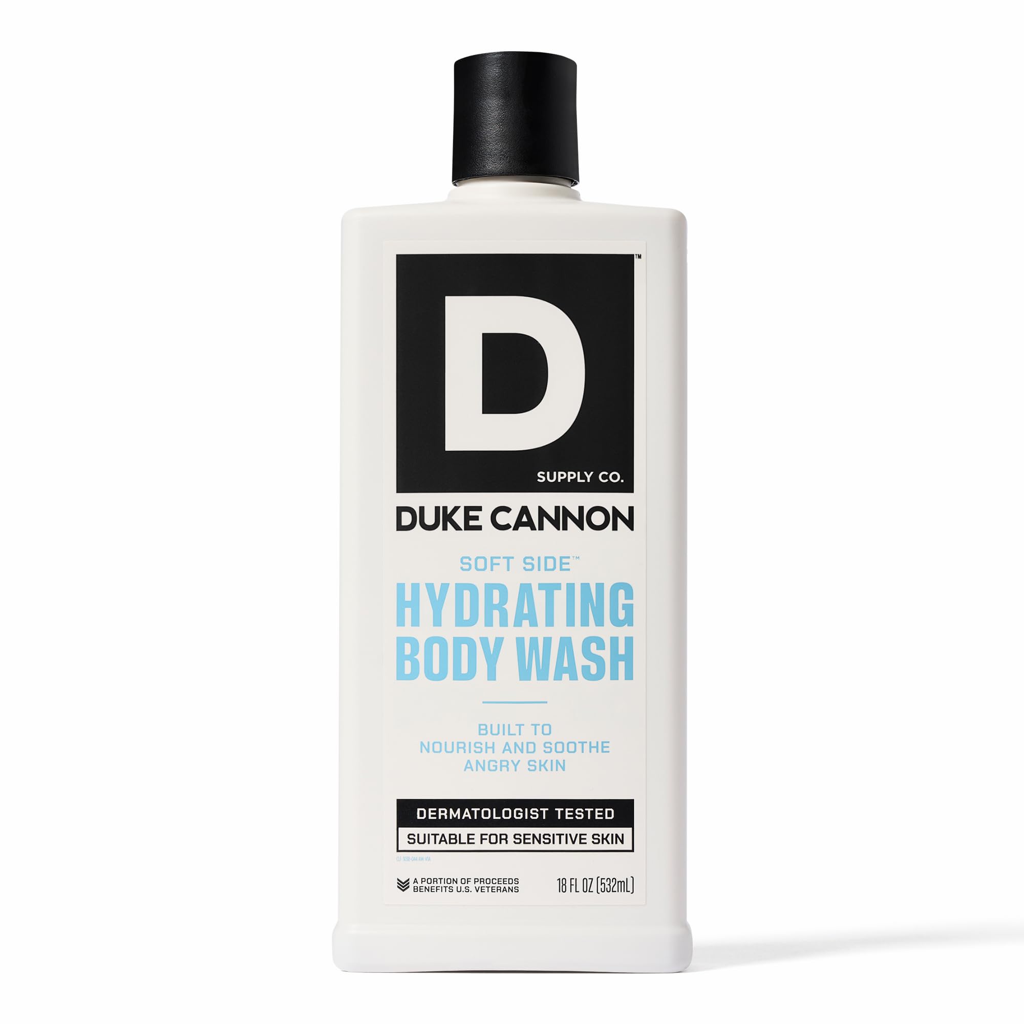 Duke Cannon front bottle view showing 18oz size and bold label benefit