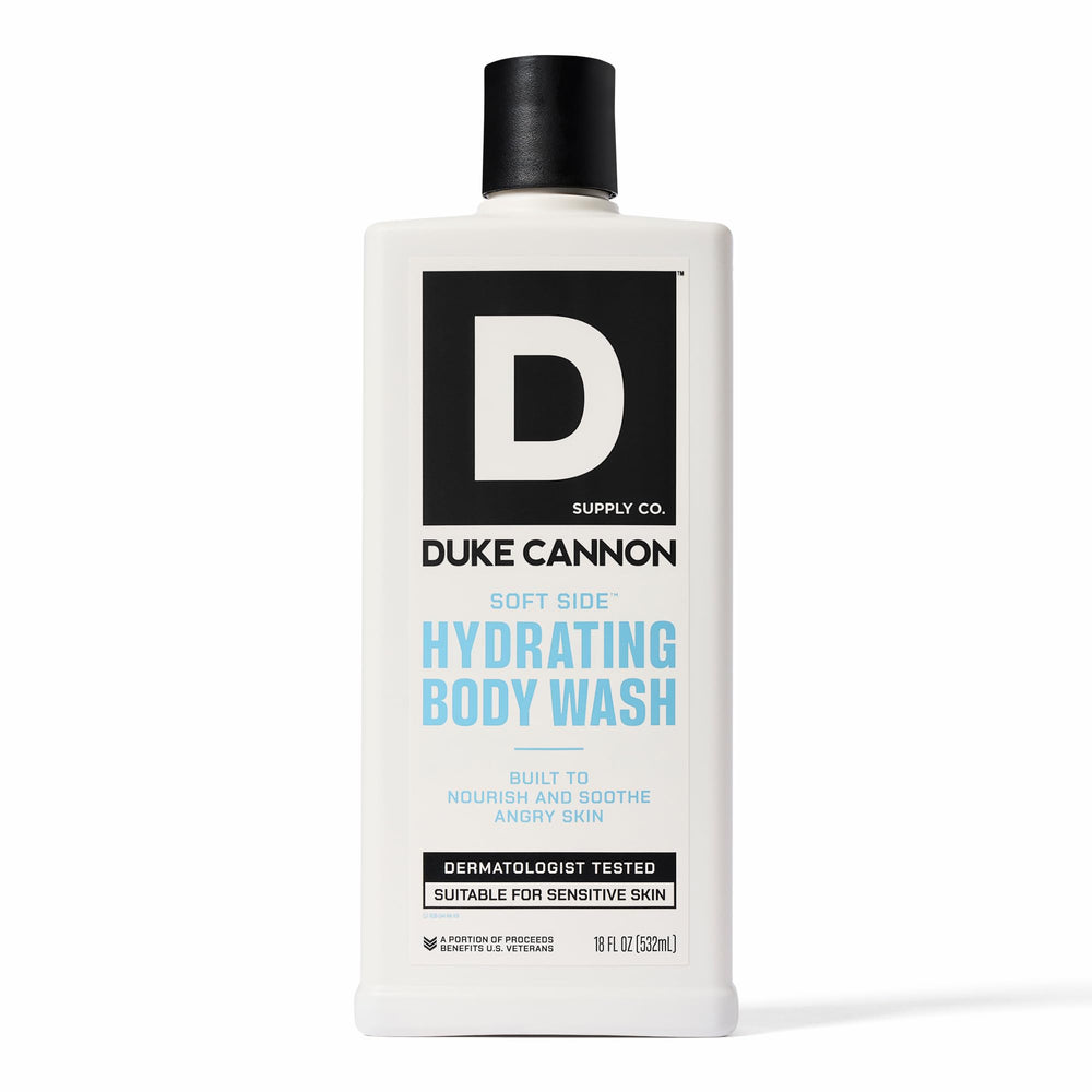 Duke Cannon front bottle view showing 18oz size and bold label benefit