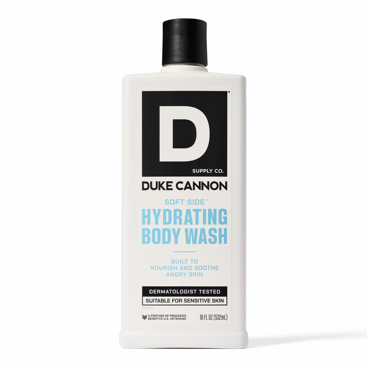 Duke Cannon front bottle view showing 18oz size and bold label benefit